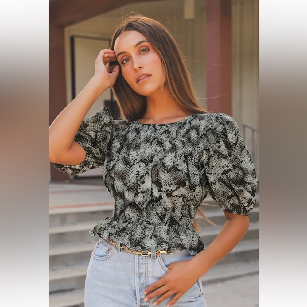 Free People XOXO Snake Print Smocked Poof Sleeve Crop Top